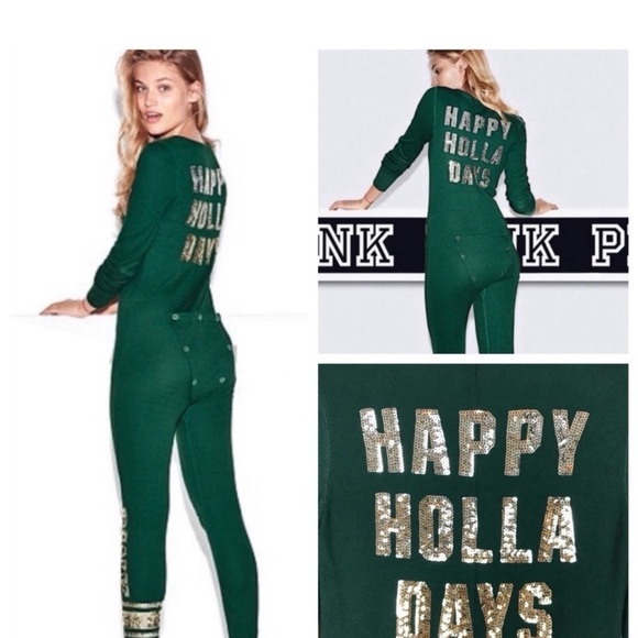 PINK Victoria's Secret Other - Green Holiday Jumpsuit with Gold Lettering